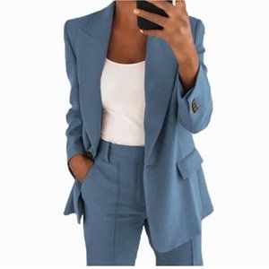 Womens Casual Work Office Open Front Blazer Jacket, Blue Grey, L
